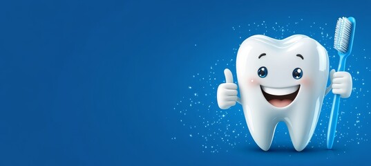Happy, Smiling 3D Tooth Character Giving Thumbs Up While Holding Toothbrush on Blue Background