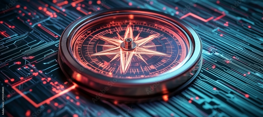 Poster glowing compass on circuit board, symbolizing technological navigation and innovation.