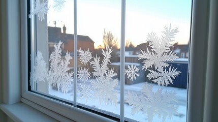 Closeup of frost patterns on window with winter landscape. seasonal view
