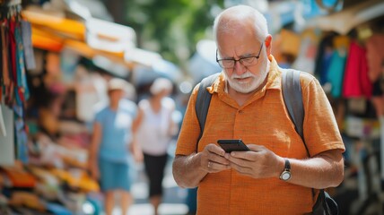 Elderly man with backpack using mobile phone while visiting a traditional outdoor market, experiencing local culture and staying connected