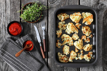 oven baked cauliflower florets in a baking tray