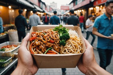 Hands holding a paper container filled with Asian street food, featuring noodles and vegetables, against a blurred background of a busy market