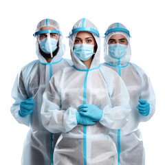 man wearing PPE suit against coronavirus and covid-19 on a transparent background