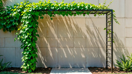 Modern garden arch adorned with climbing ivy casting shadows on a minimalist wall