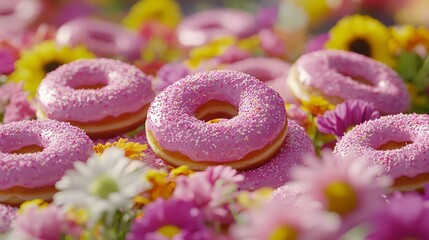 Pink Frosted Donuts with Sprinkles, Nestled Among Colorful Flowers in a Cheerful Bakery Display