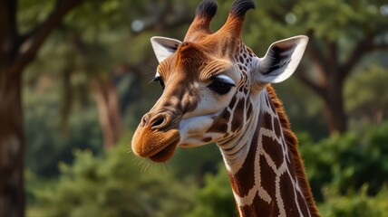 Obraz premium Close-up of a giraffe's head and neck, looking slightly to the side, against a blurred background of trees.