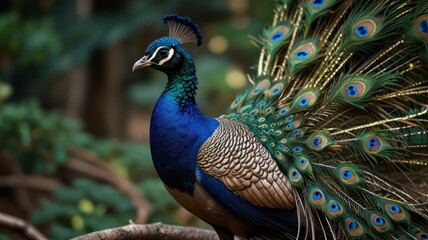 Fototapeta premium Peacock with vibrant plumage displaying its colorful tail feathers.