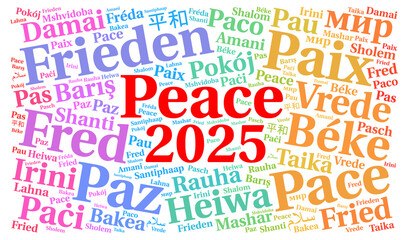 Peace 2025 word cloud in different languages	