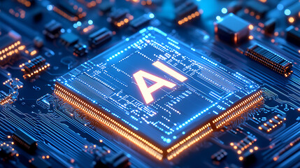 AI computer chip, powerful computer processor microchip with the word representing artificial intelligence, AI technology	