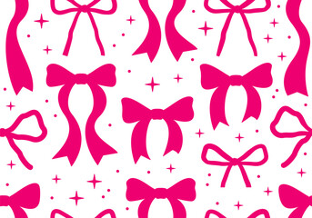 Seamless pattern with abstract pink ribbons. Vector flat background with bows in retro style. Coquette and balletcore aesthetic