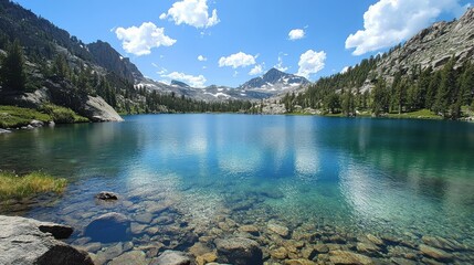 Crystal-clear alpine lake reflecting mountains under a blue sky.