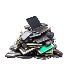 Pile of electronic waste such as mobile phones notebook isolated on a transparent background