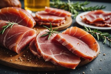 Italian prosciutto crudo or jamon with rosemary. Raw ham.