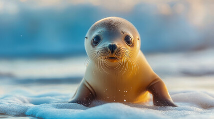 Fototapeta premium Adorable seal pup on ocean shoreline during sunset