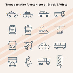 Black and white vector icons representing transportation-related elements such as cars  trucks  and road signs  perfect for travel and logistics projects.