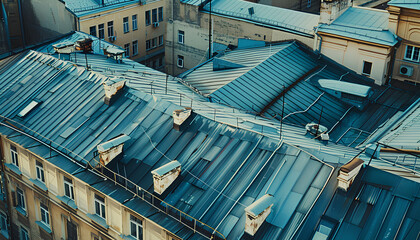 Fototapeta premium metal roof of the building with a complex system of ventilation, fire extinguishing and burglar alarm