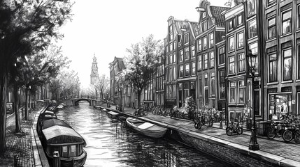 Quaint Amsterdam street with cobbled paths, bicycles, cafes, and historic architecture in a detailed black and white sketch.