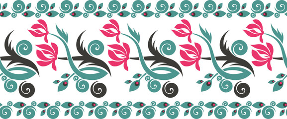 Vector seamless floral ethnic frieze series. Wedding background, page decorations, fabric, carpet and scarf pattern. Floral ornamental motifs in Eastern style.