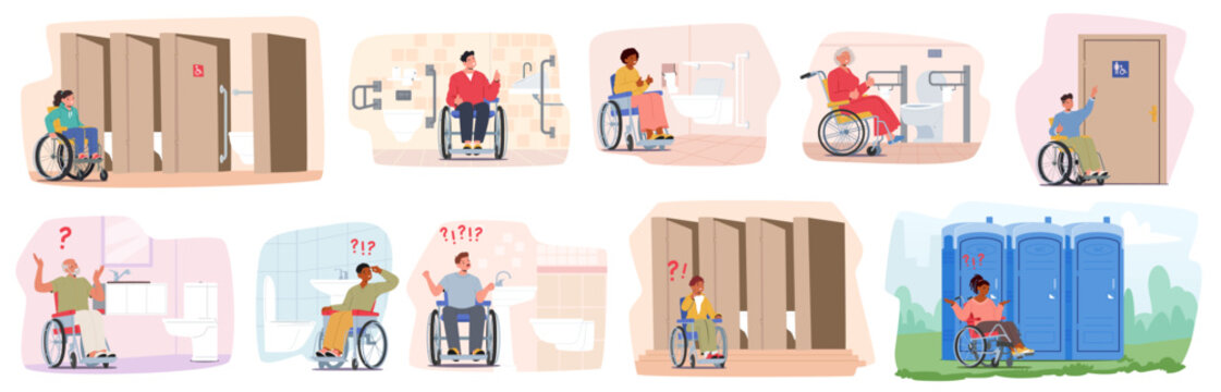 Equipped and unequipped hygiene space restroom environment for inclusive people using wheelchair