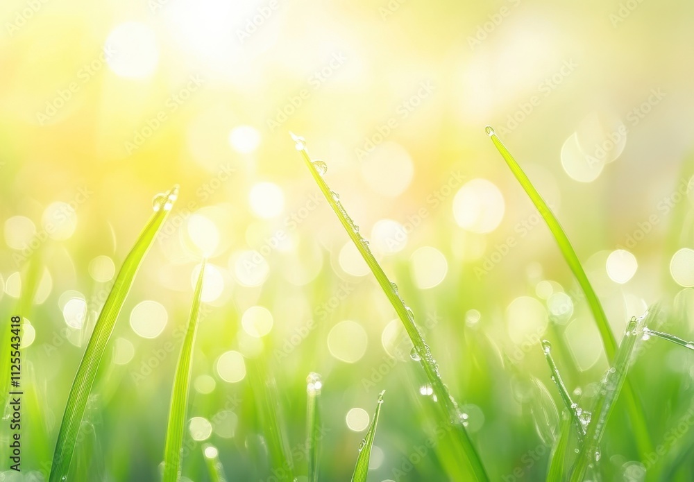 Poster Dewy Grass Blades in Soft Morning Light with a Beautiful Bokeh Background Creating a Serene and Refreshing Nature Scene for Relaxation and Calmness