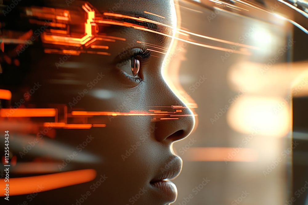 Aufkleber profile of a young person with glowing digital elements emanating from their face in a futuristic se