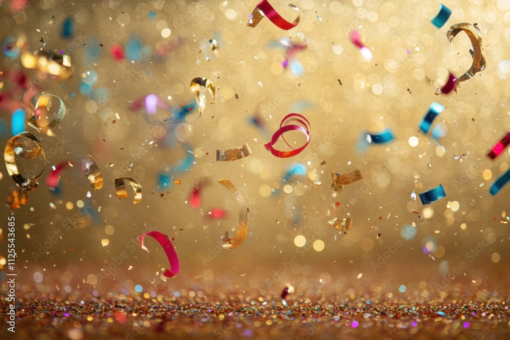 Poster vibrant confetti and curling ribbons float through the air against a shimmering golden backdrop, cre