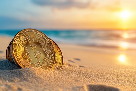 Golden Bitcoin Coins Resting on Sandy Beach at Sunset with Ocean Waves and Vibrant Skies Illustrating the Intersection of Technology and Nature - Powered by Adobe