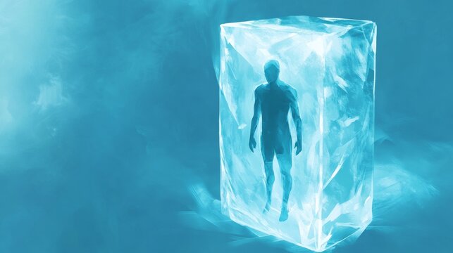 Frozen man trapped inside ice cube experiencing cryonics