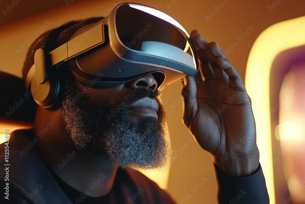 Poster man experiencing virtual reality in a modern setting while wearing a headset, showcasing technology'
