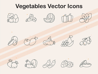 Vector icons illustrating a range of vegetables like broccoli  peppers  and beans  suitable for agricultural  health  and food projects.