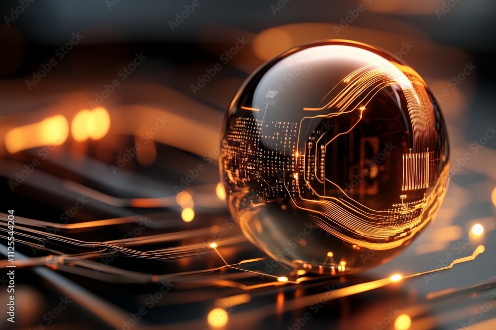 Aufkleber intricate circuitry illuminated by glowing lines surrounding a reflective orb