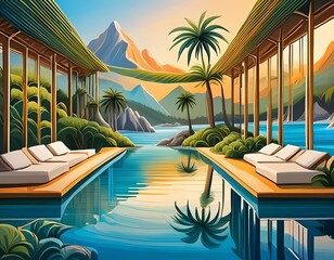 Beautiful painting of a pool with palm trees and mountains in the background