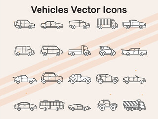 Vector icons representing different types of vehicles like buses  cars  and bicycles  ideal for transportation  logistics  and public travel projects.