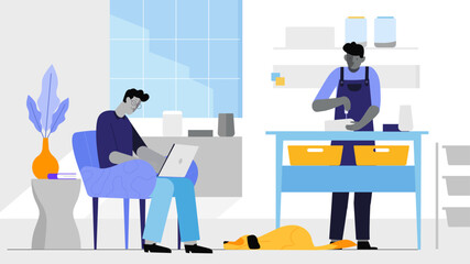 Modern Workspace with Remote Work and Kitchen Scene in Minimalist Style