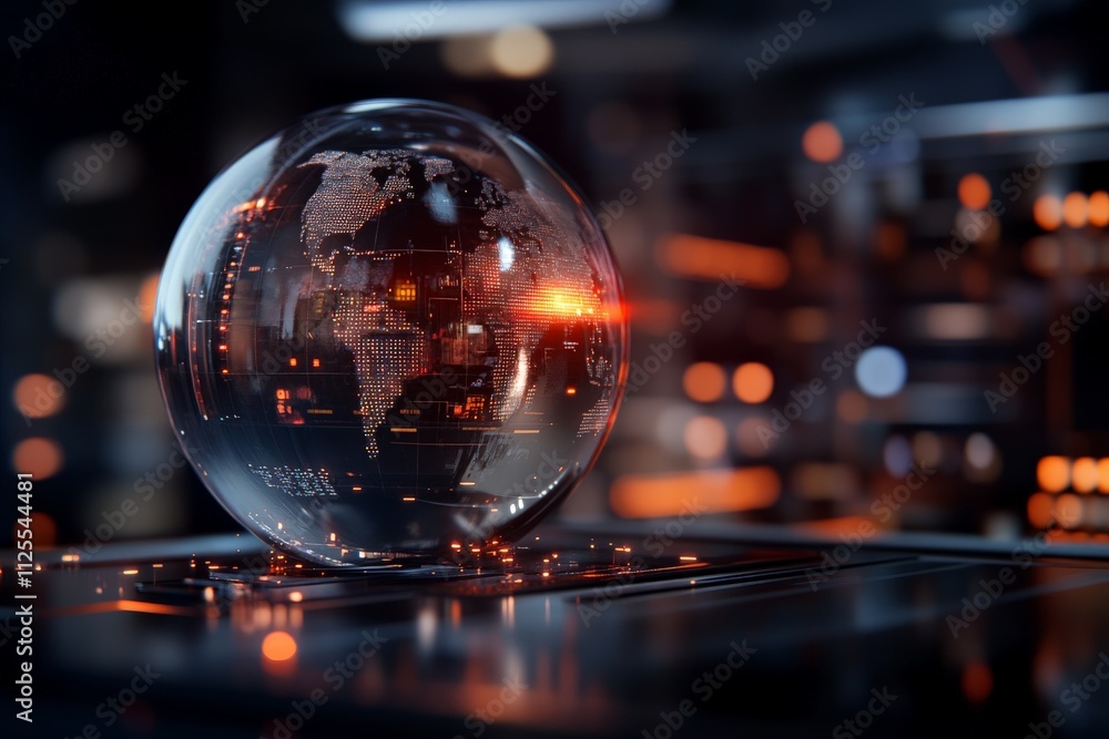 Aufkleber futuristic globe made of glass depicting world map with glowing circuits in a high-tech environment