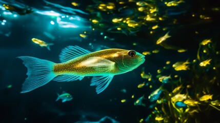Fototapeta premium Underwater scene with a single fish swimming amidst a school of smaller fish and kelp.