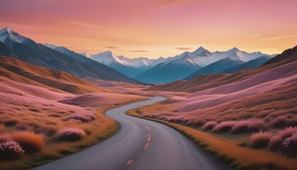 Un camino largo y sinuoso que atraviesa un pintoresco paisaje monta&ntilde;oso con picos nevados al fondo y un campo de hierba en primer plano