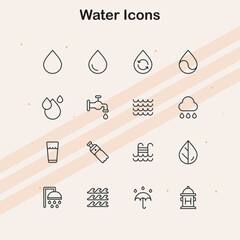 Icons representing water-related items such as droplets  bottles  and waves  ideal for environmental  health  and nature projects.