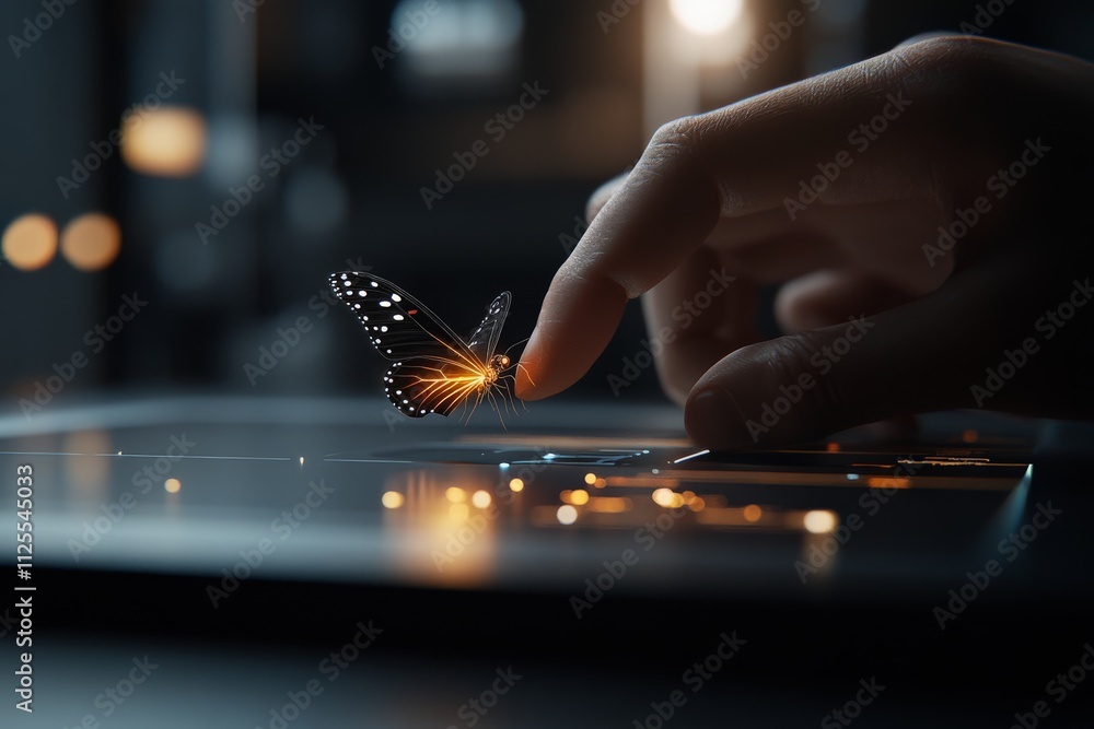 Aufkleber digital interaction with a glowing butterfly emerging from a touchscreen display at night