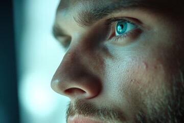 Fototapeta premium Close-up of a man's intense gaze revealing focus and depth in a well-lit environment