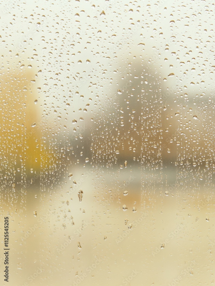 Aufkleber raindrops cling to a window, distorting the view of an empty street beyond, creating a tranquil atmo