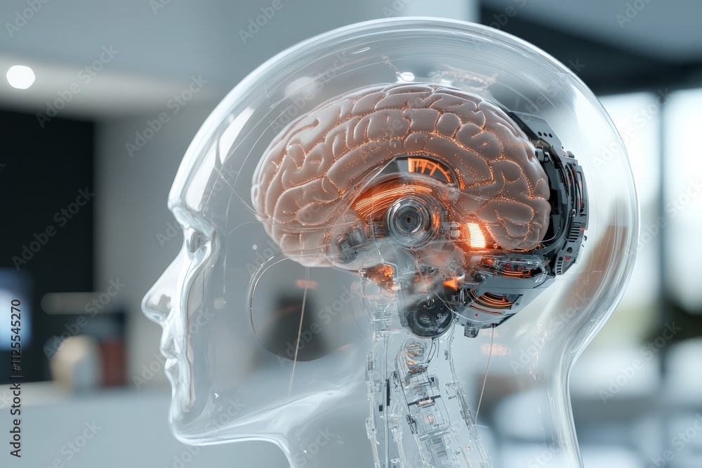 Poster robot head showcasing detailed brain structure with glowing elements in modern environment