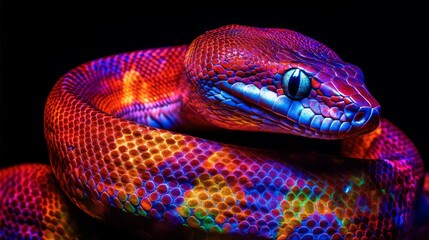 Vibrant, colorful snake coiled on black background.