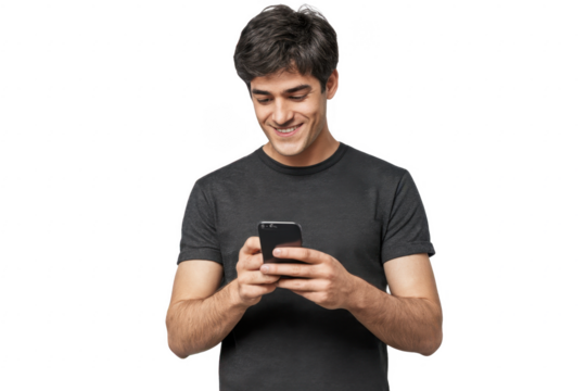 Young man standing, looking at screen of phone with smile, browsing web pages or chatting with friend
