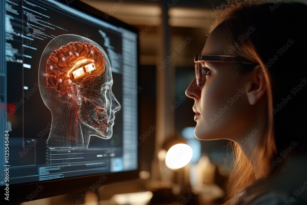 Poster scientist analyzing advanced brain imaging on a computer screen in a modern research lab setting