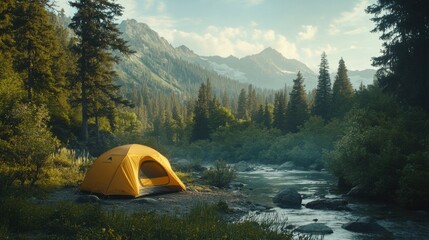 Orange tent by river in mountain valley.