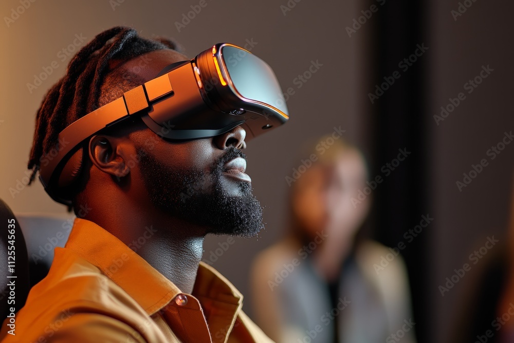 Poster engaging in virtual reality experience at a tech event with immersive simulations and interactive di