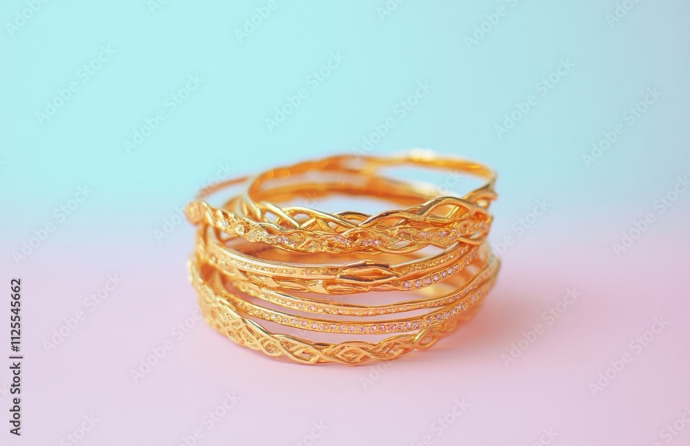 Poster elegant and stylish collection of golden bangles displayed on a soft pastel background perfect for f