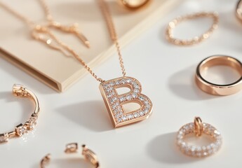 Elegant and Sparkling Jewelry Display Featuring Gold B Letter Necklace and Assorted Rings Perfect for Fashion Accessories and Personal Style