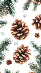 Winter Pine Cones and Branches Watercolor Pattern